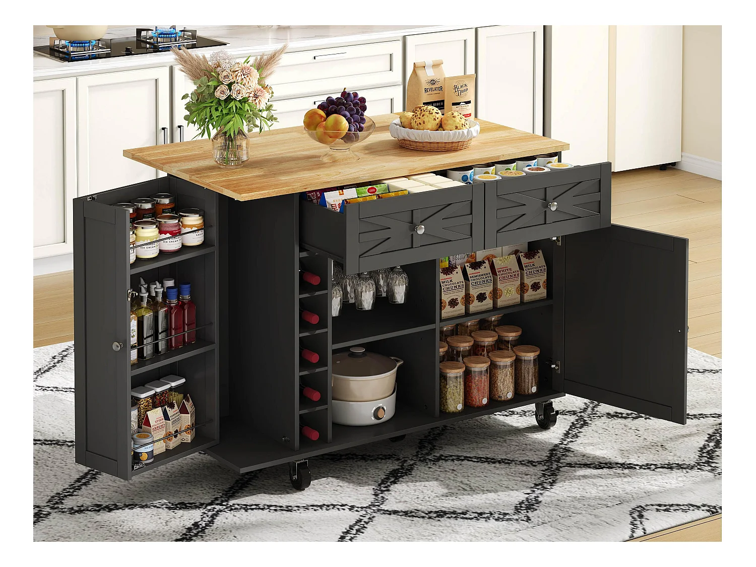 Mobilna wyspa kuchenna - rozkładany blat - z regałem na wino i wieszakiem na ręczniki - z 2 szufladami i 2 drzwiami - MDF - Czarny