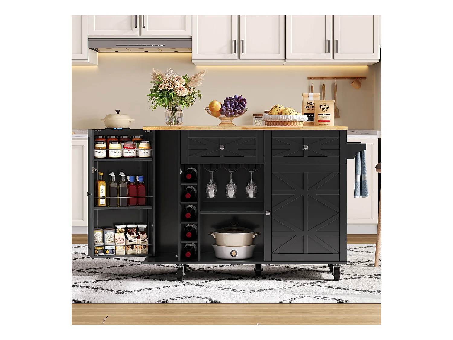 Mobilna wyspa kuchenna - rozkładany blat - z regałem na wino i wieszakiem na ręczniki - z 2 szufladami i 2 drzwiami - MDF - Czarny