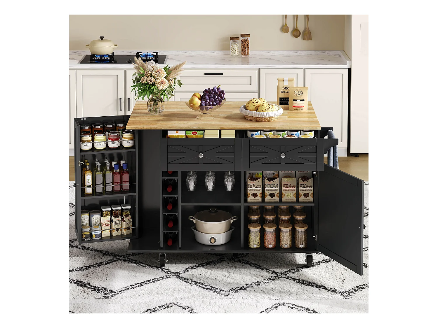 Mobilna wyspa kuchenna - rozkładany blat - z regałem na wino i wieszakiem na ręczniki - z 2 szufladami i 2 drzwiami - MDF - Czarny