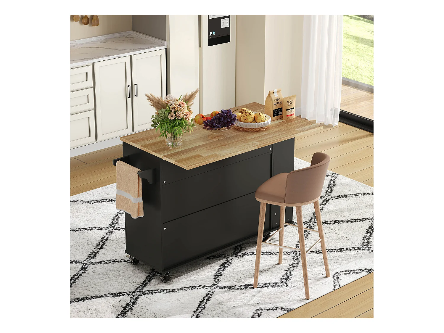 Mobilna wyspa kuchenna - rozkładany blat - z regałem na wino i wieszakiem na ręczniki - z 2 szufladami i 2 drzwiami - MDF - Czarny