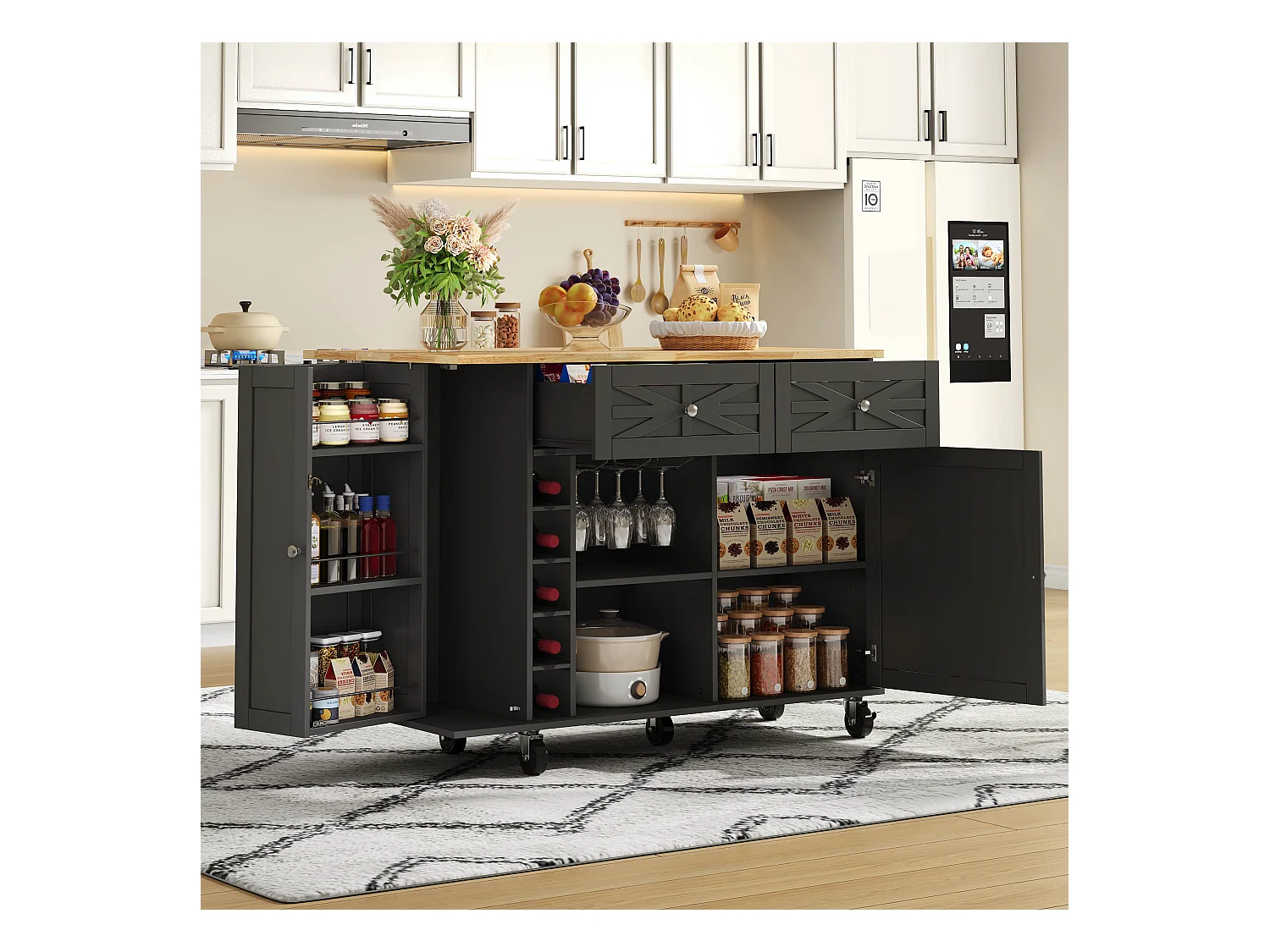 Mobile Kücheninsel - ausziehbarer Arbeitsplatte - mit Weinregal und Handtuchhalter - mit 2 Schubladen und 2 Türen - MDF - Schwarz