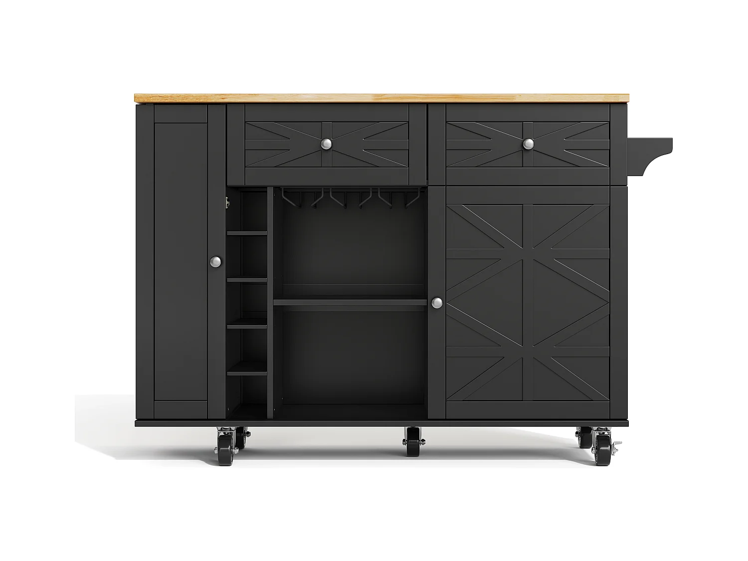 Mobile Kücheninsel - ausziehbarer Arbeitsplatte - mit Weinregal und Handtuchhalter - mit 2 Schubladen und 2 Türen - MDF - Schwarz