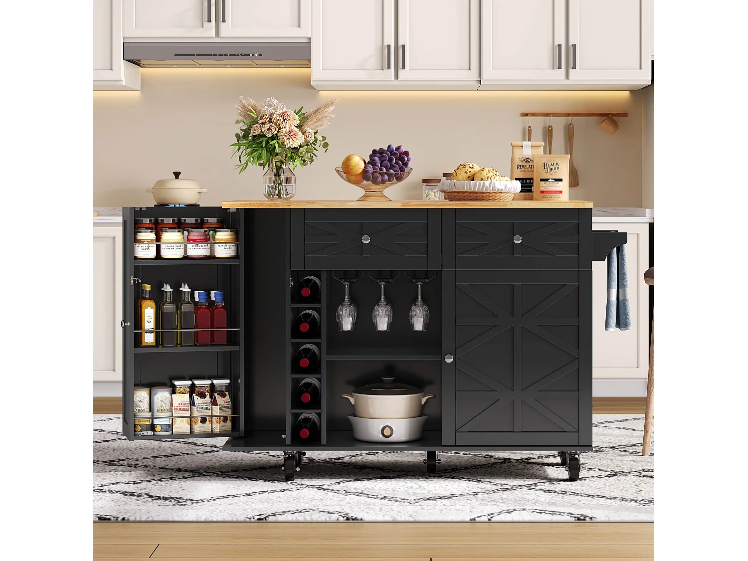 Ilot central de cuisine mobile - plateau extensible - avec casier à vin et porte-serviettes - avec 2 tiroirs et 2 portes - MDF - Noir