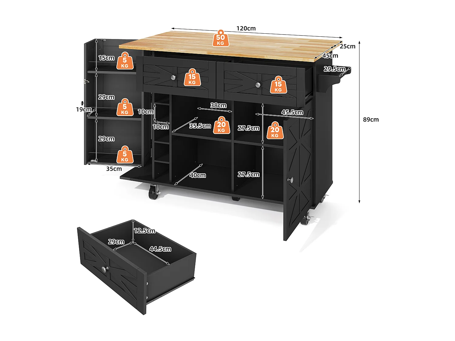 Ilot central de cuisine mobile - plateau extensible - avec casier à vin et porte-serviettes - avec 2 tiroirs et 2 portes - MDF - Noir