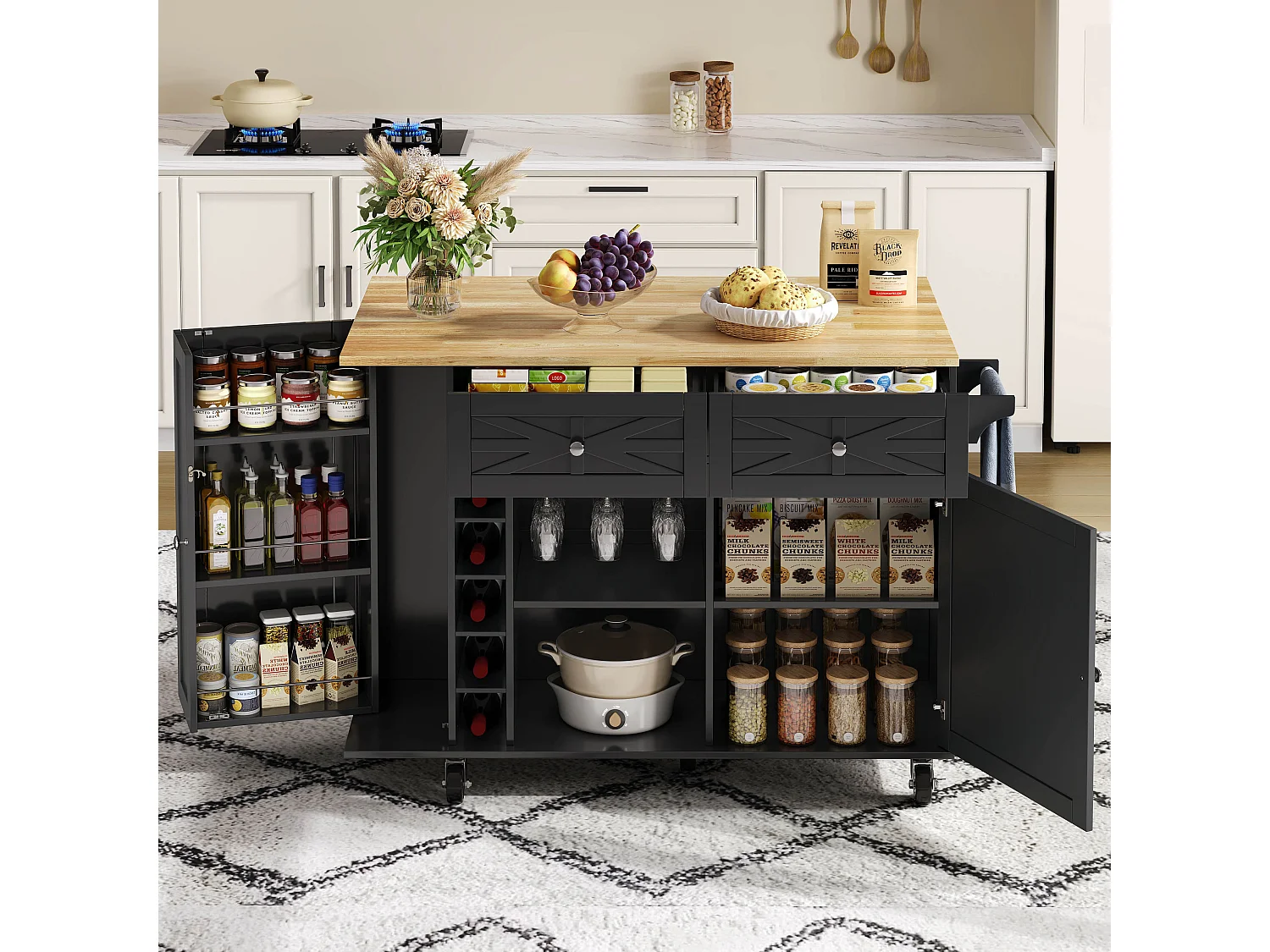 Ilot central de cuisine mobile - plateau extensible - avec casier à vin et porte-serviettes - avec 2 tiroirs et 2 portes - MDF - Noir