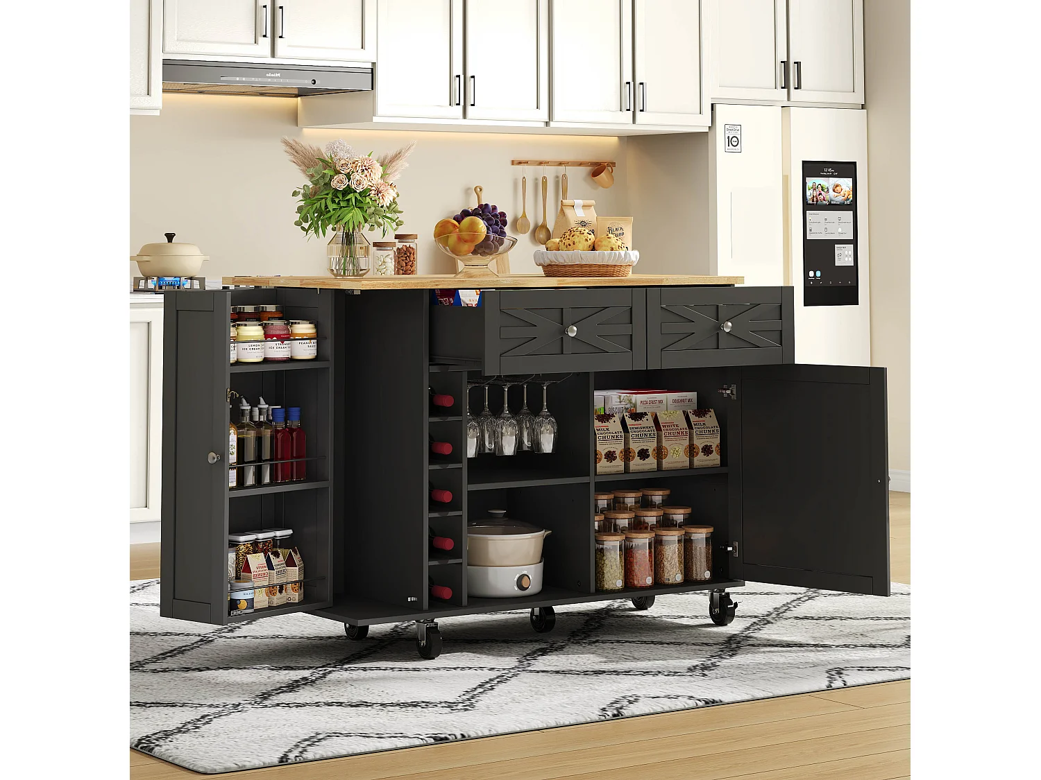 Ilot central de cuisine mobile - plateau extensible - avec casier à vin et porte-serviettes - avec 2 tiroirs et 2 portes - MDF - Noir