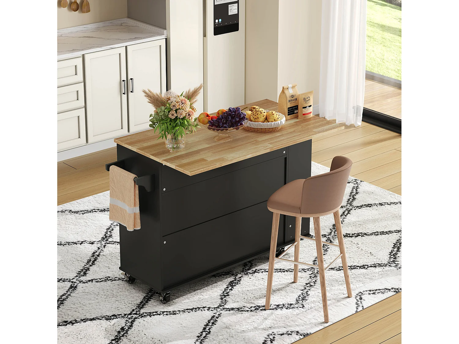 Ilot central de cuisine mobile - plateau extensible - avec casier à vin et porte-serviettes - avec 2 tiroirs et 2 portes - MDF - Noir