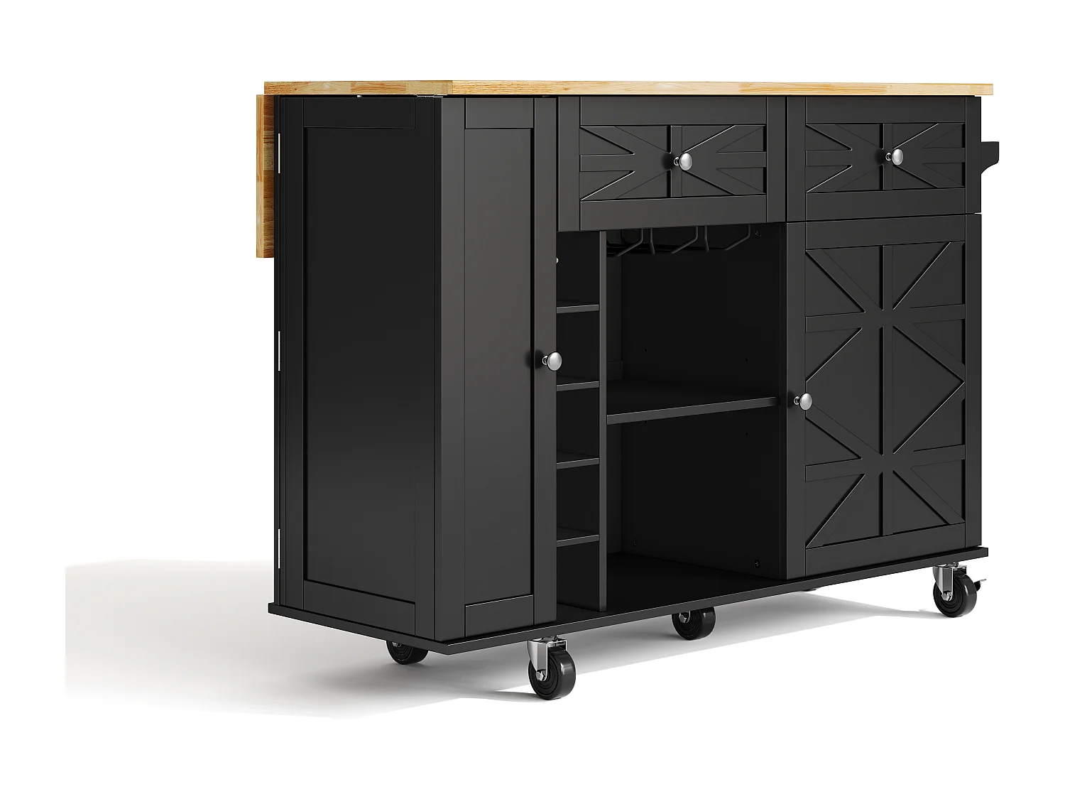 Ilot central de cuisine mobile - plateau extensible - avec casier à vin et porte-serviettes - avec 2 tiroirs et 2 portes - MDF - Noir