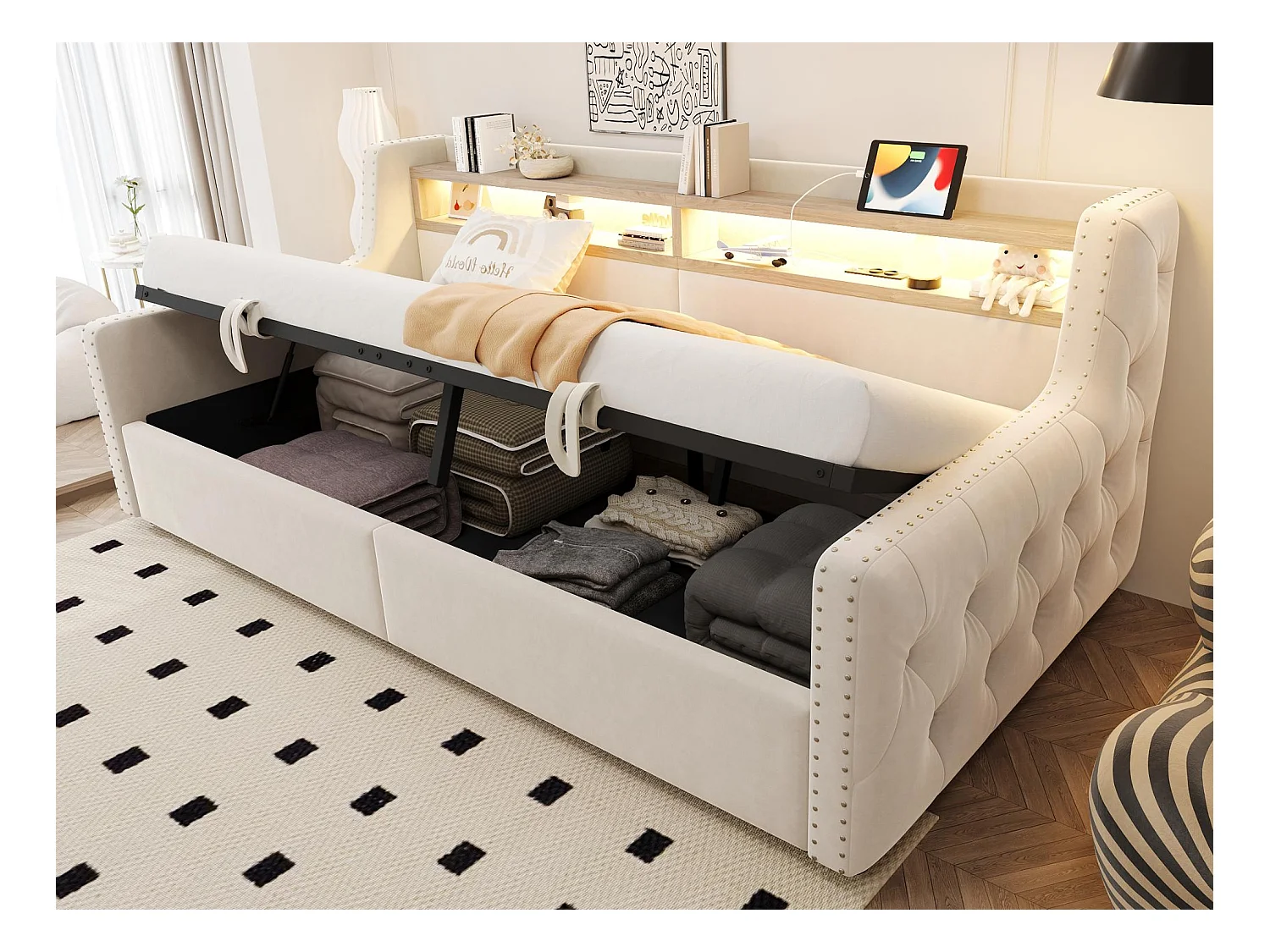 Tapicerowana sofa z łóżkiem 90x200 cm - z oświetleniem LED - schowki - gniazdko elektryczne + port ładowania - beżowy