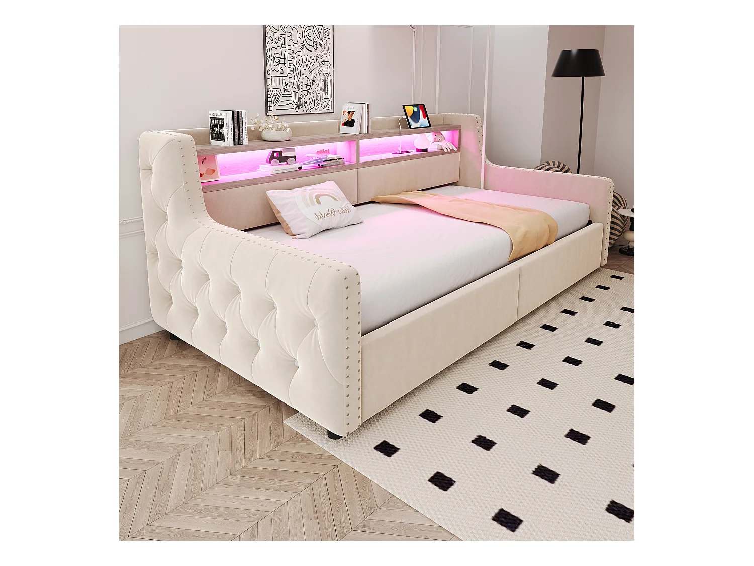 Tapicerowana sofa z łóżkiem 90x200 cm - z oświetleniem LED - schowki - gniazdko elektryczne + port ładowania - beżowy