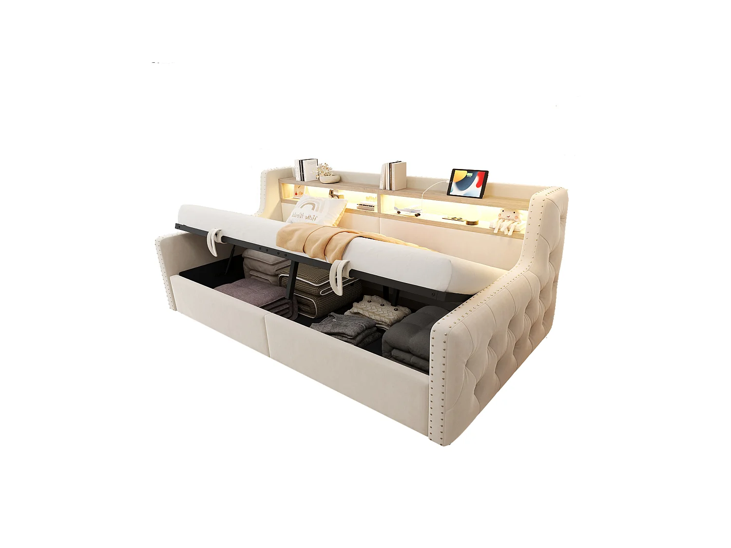 Tapicerowana sofa z łóżkiem 90x200 cm - z oświetleniem LED - schowki - gniazdko elektryczne + port ładowania - beżowy