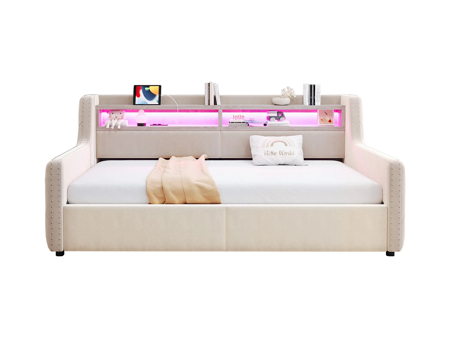 Tapicerowana sofa z łóżkiem 90x200 cm - z oświetleniem LED - schowki - gniazdko elektryczne + port ładowania - beżowy