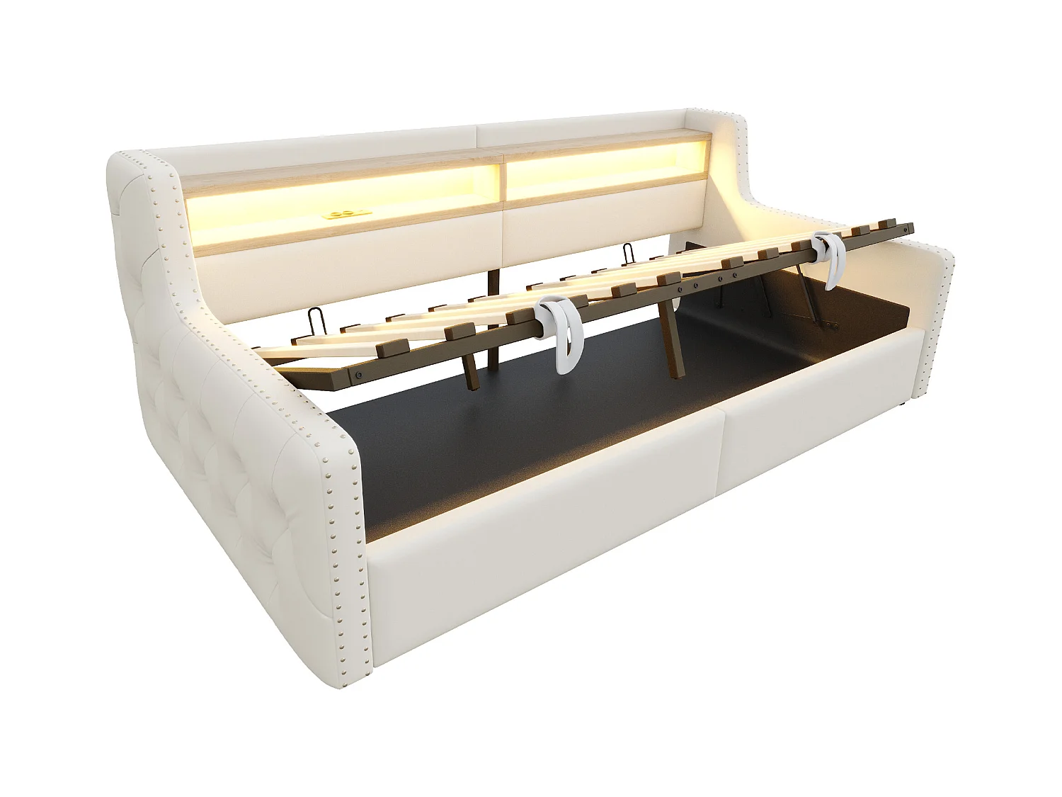 Tapicerowana sofa z łóżkiem 90x200 cm - z oświetleniem LED - schowki - gniazdko elektryczne + port ładowania - beżowy