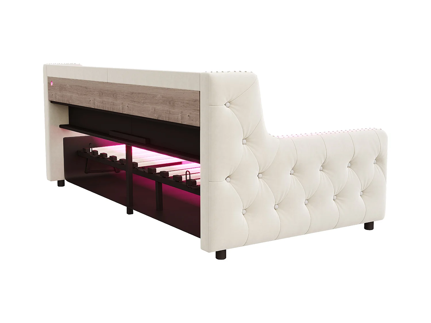 Tapicerowana sofa z łóżkiem 90x200 cm - z oświetleniem LED - schowki - gniazdko elektryczne + port ładowania - beżowy