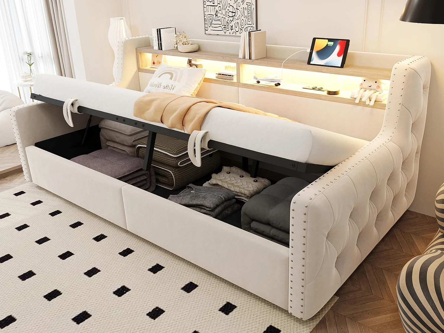 Divano letto con contenitore imbottito 90x200 cm - con illuminazione LED - compartimenti di archiviazione - presa di corrente + porta di ricarica - beige