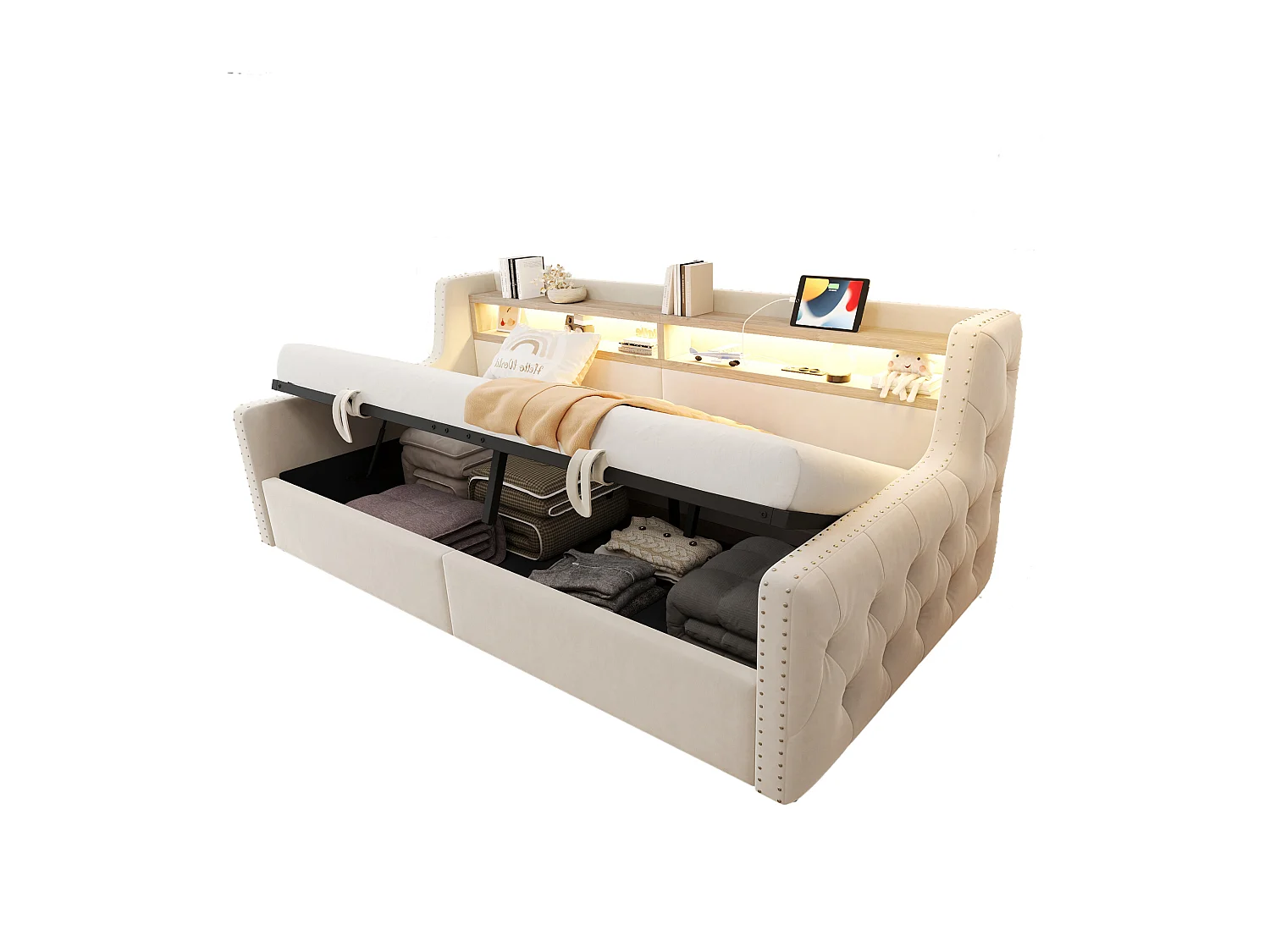 Divano letto con contenitore imbottito 90x200 cm - con illuminazione LED - compartimenti di archiviazione - presa di corrente + porta di ricarica - beige