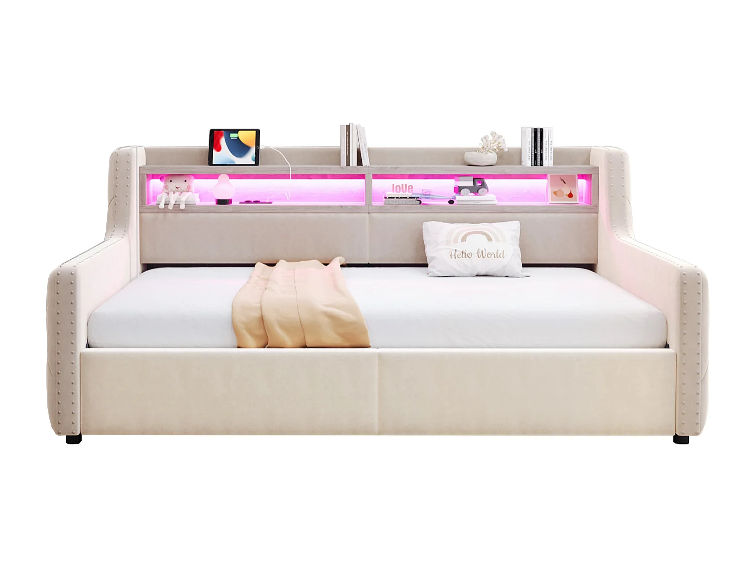 Divano letto con contenitore imbottito 90x200 cm - con illuminazione LED - compartimenti di archiviazione - presa di corrente + porta di ricarica - beige