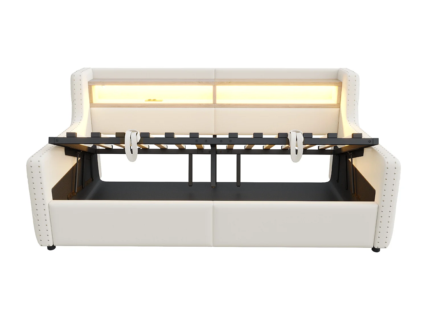 Divano letto con contenitore imbottito 90x200 cm - con illuminazione LED - compartimenti di archiviazione - presa di corrente + porta di ricarica - beige