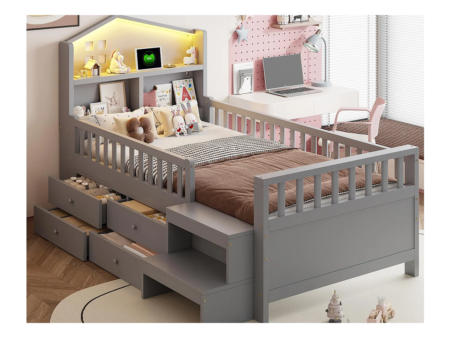 Lit enfant 90x200 cm - avec quatre tiroirs - avec marches - avec éclairage LED - avec port de charge USB + Type-C - gris