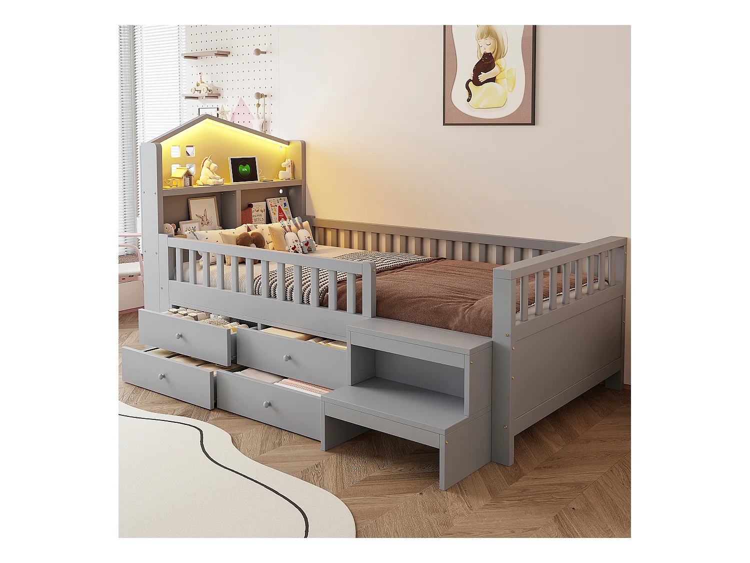 Lit enfant 90x200 cm - avec quatre tiroirs - avec marches - avec éclairage LED - avec port de charge USB + Type-C - gris