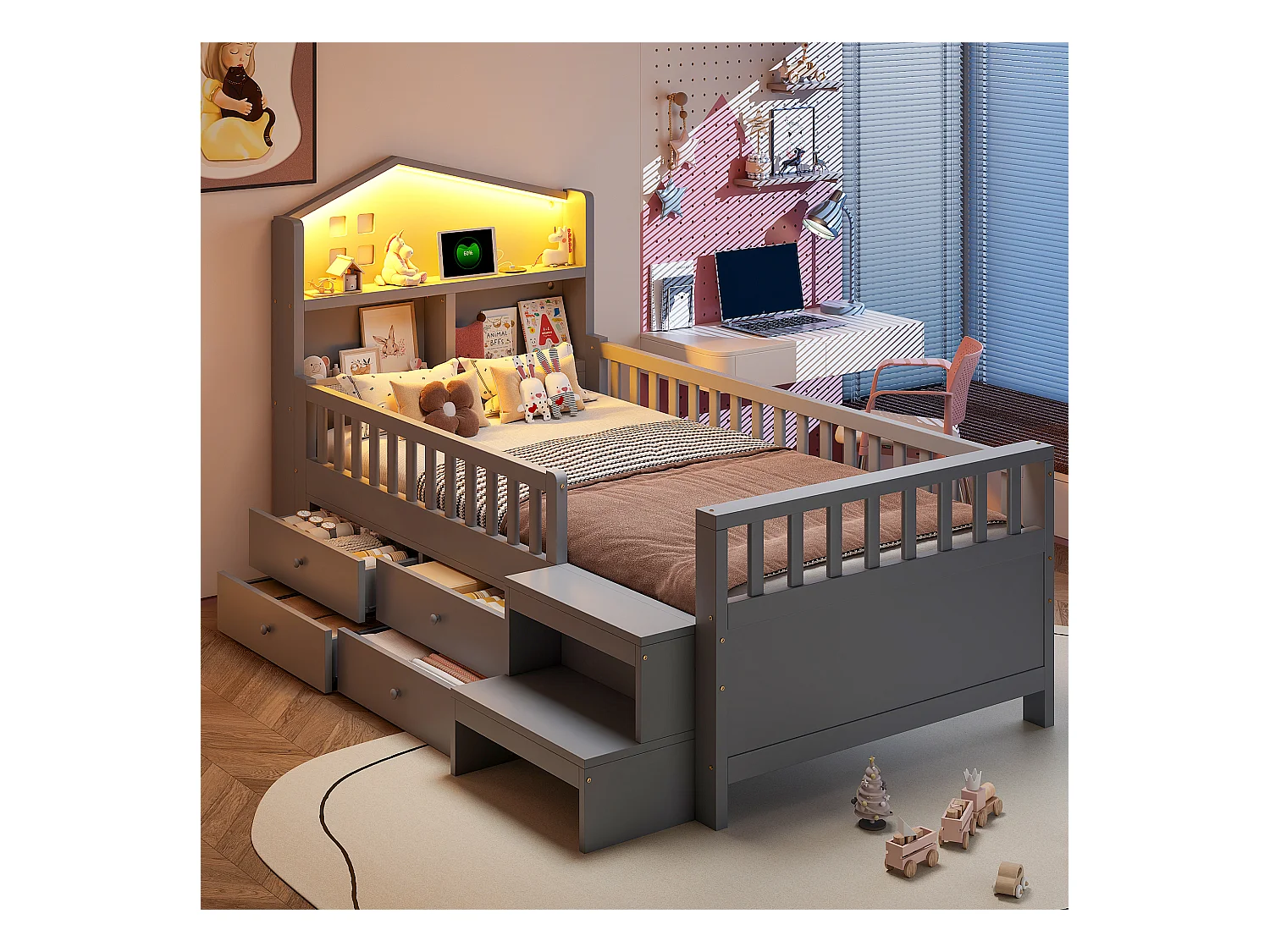 Lit enfant 90x200 cm - avec quatre tiroirs - avec marches - avec éclairage LED - avec port de charge USB + Type-C - gris