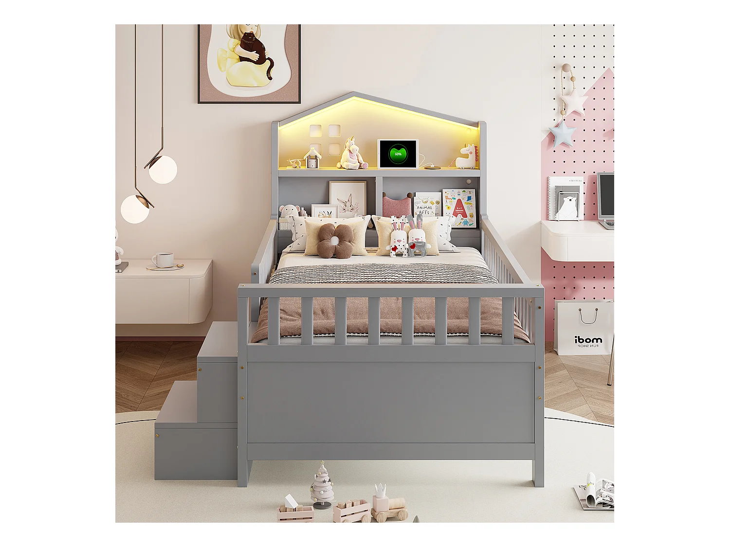 Lit enfant 90x200 cm - avec quatre tiroirs - avec marches - avec éclairage LED - avec port de charge USB + Type-C - gris
