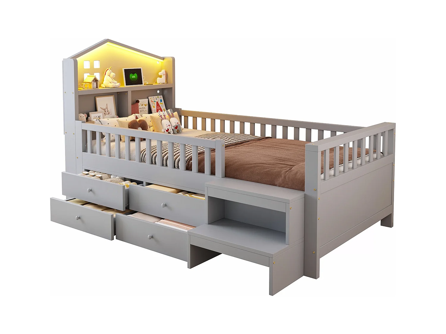 Lit enfant 90x200 cm - avec quatre tiroirs - avec marches - avec éclairage LED - avec port de charge USB + Type-C - gris