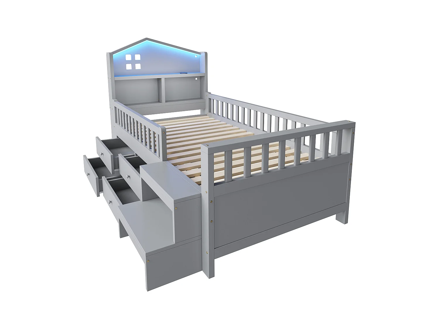 Lit enfant 90x200 cm - avec quatre tiroirs - avec marches - avec éclairage LED - avec port de charge USB + Type-C - gris