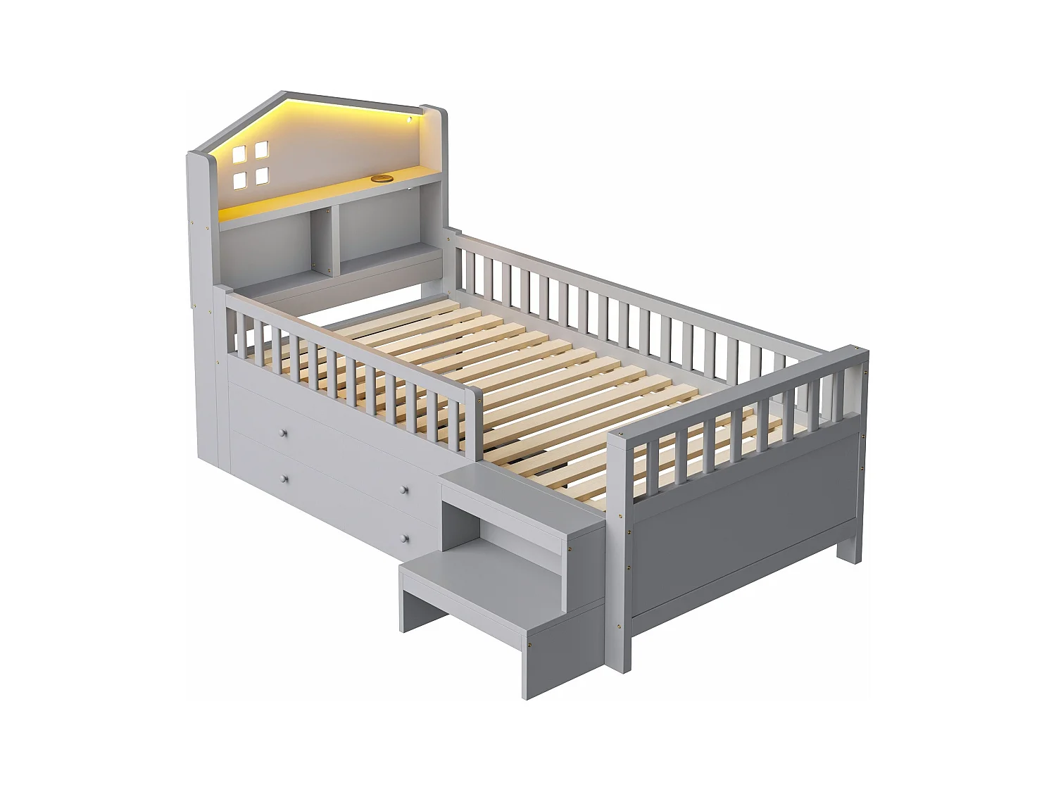 Lit enfant 90x200 cm - avec quatre tiroirs - avec marches - avec éclairage LED - avec port de charge USB + Type-C - gris