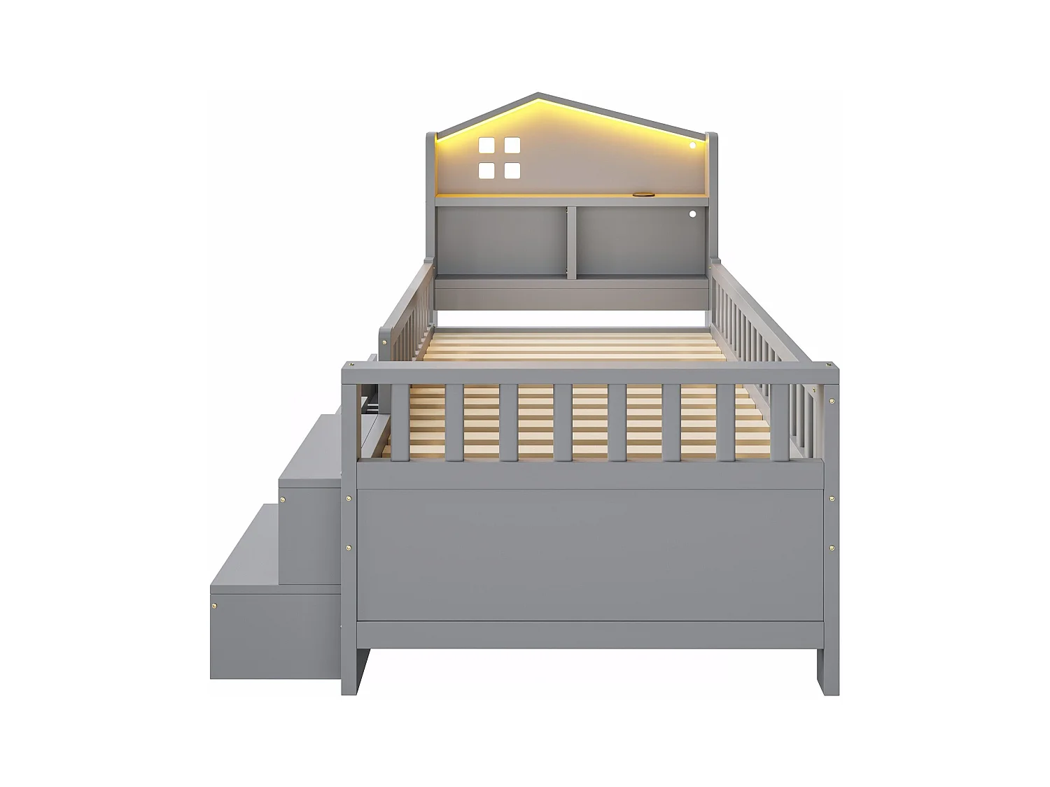 Lit enfant 90x200 cm - avec quatre tiroirs - avec marches - avec éclairage LED - avec port de charge USB + Type-C - gris