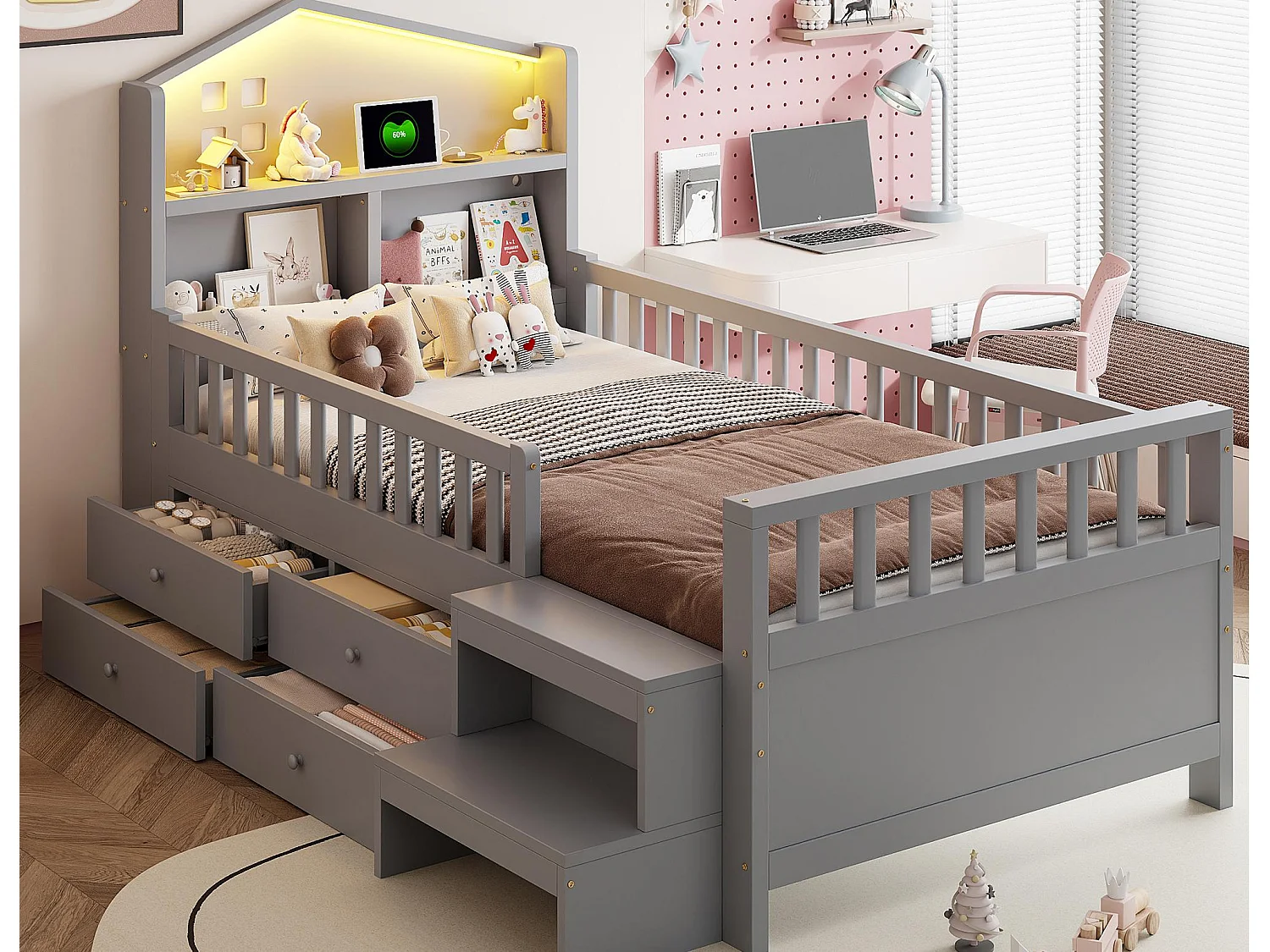 Kinderbett 90x200 cm - mit vier Schubladen - mit Stufen - mit LED-Beleuchtung - mit USB + Type-C Ladeanschluss - grau