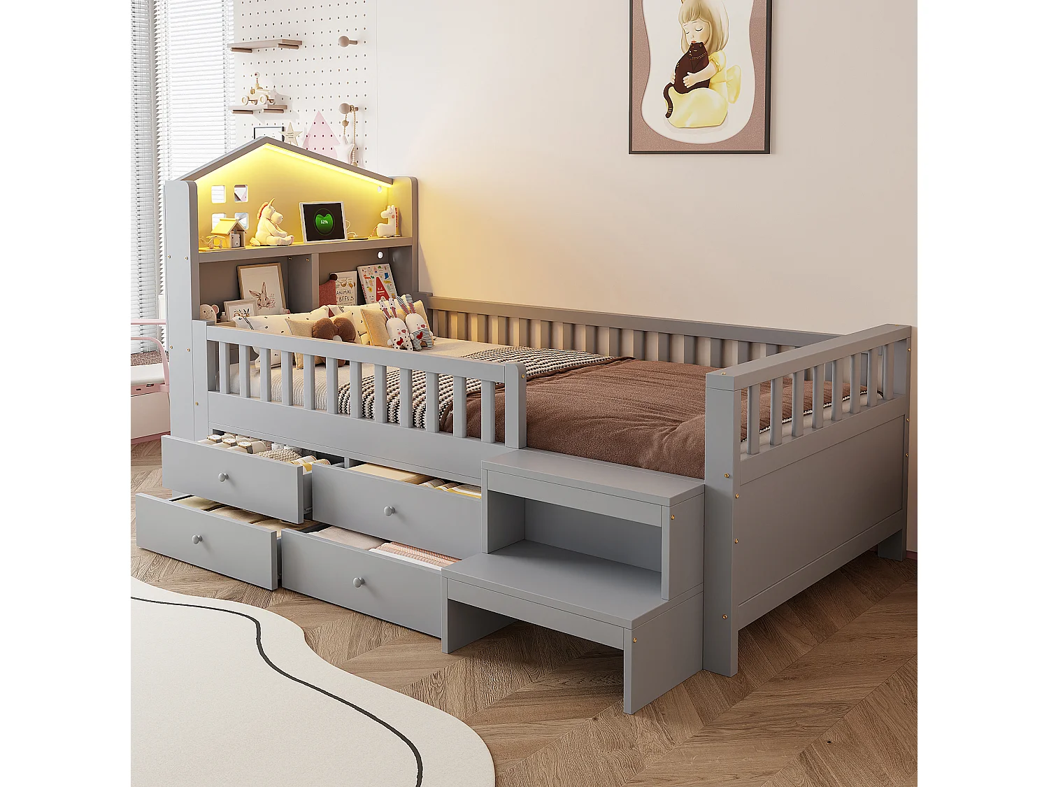 Kinderbett 90x200 cm - mit vier Schubladen - mit Stufen - mit LED-Beleuchtung - mit USB + Type-C Ladeanschluss - grau