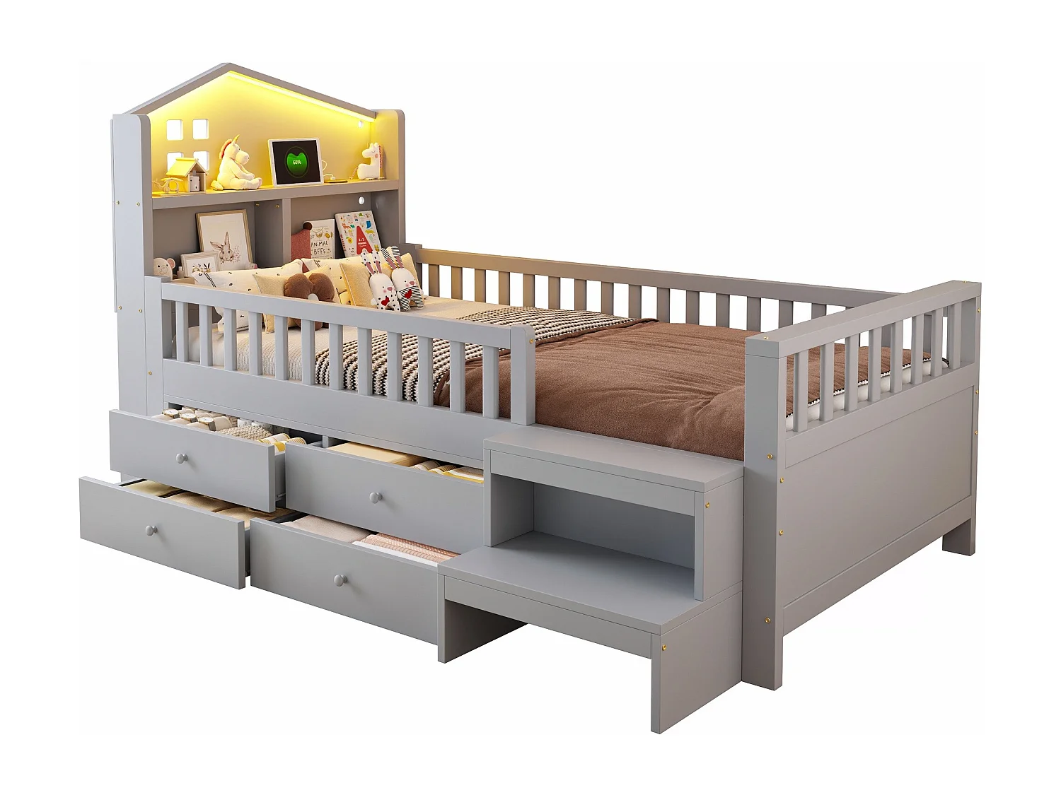 Kinderbett 90x200 cm - mit vier Schubladen - mit Stufen - mit LED-Beleuchtung - mit USB + Type-C Ladeanschluss - grau