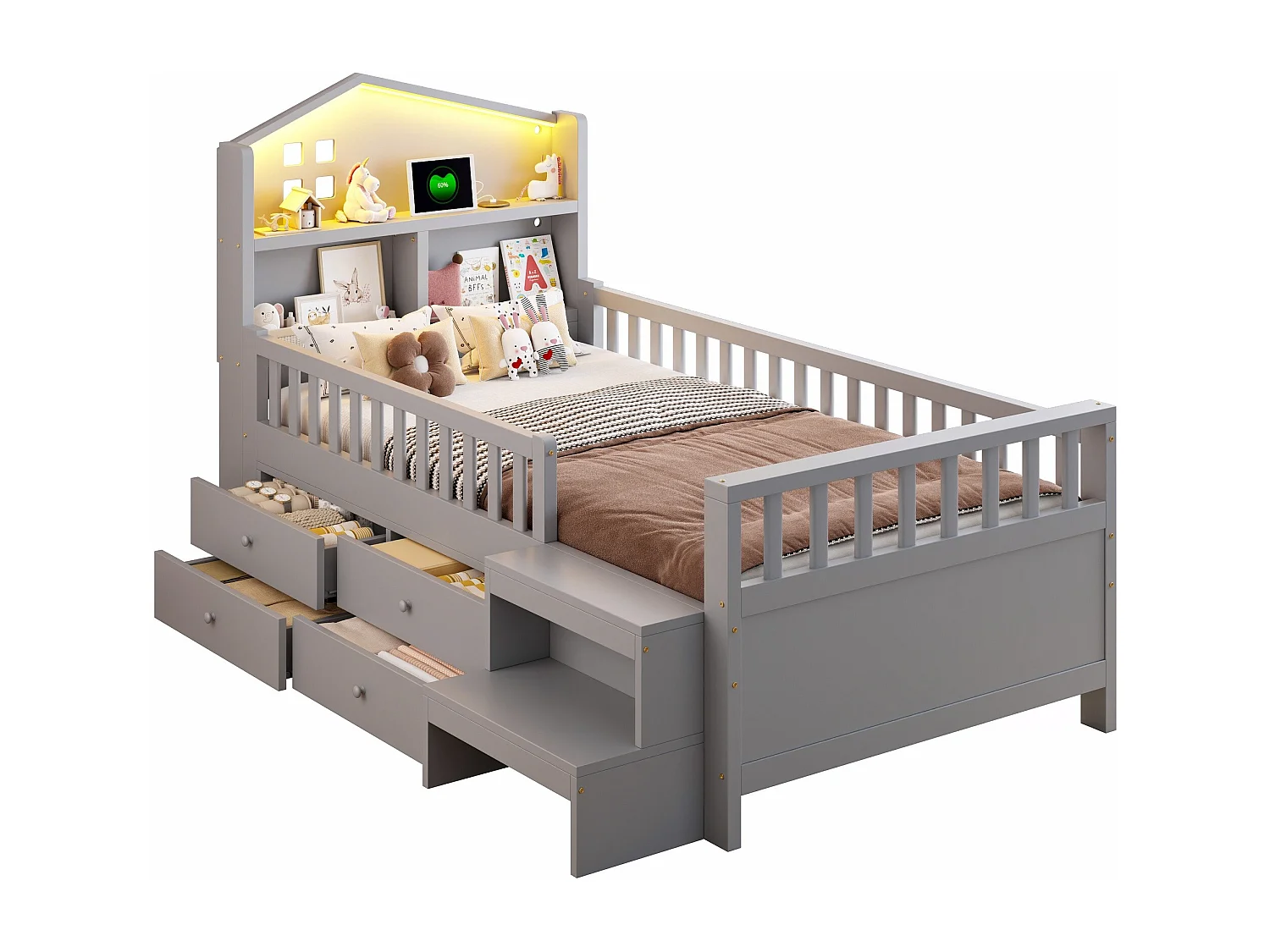 Kinderbett 90x200 cm - mit vier Schubladen - mit Stufen - mit LED-Beleuchtung - mit USB + Type-C Ladeanschluss - grau