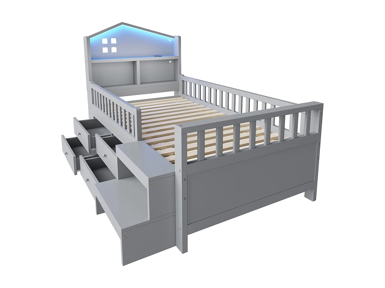 Kinderbett 90x200 cm - mit vier Schubladen - mit Stufen - mit LED-Beleuchtung - mit USB + Type-C Ladeanschluss - grau