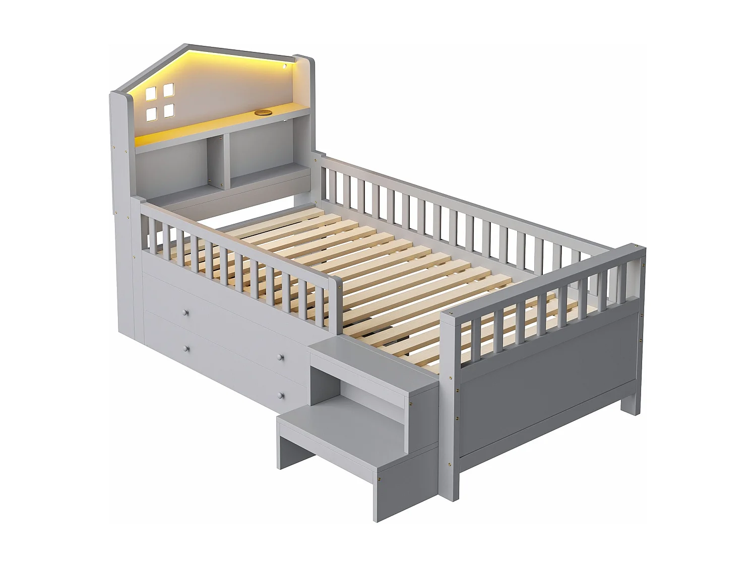 Kinderbett 90x200 cm - mit vier Schubladen - mit Stufen - mit LED-Beleuchtung - mit USB + Type-C Ladeanschluss - grau