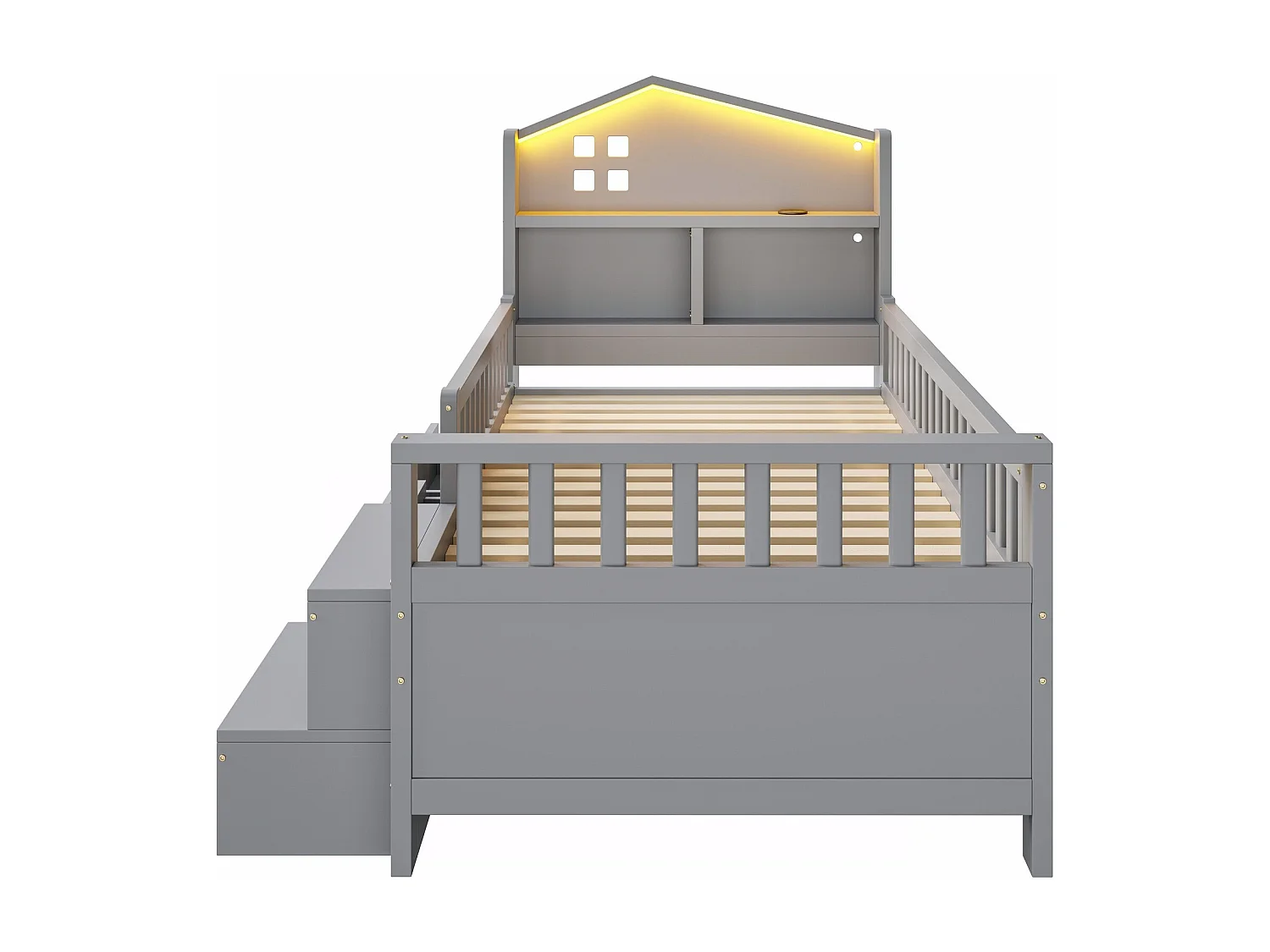 Kinderbett 90x200 cm - mit vier Schubladen - mit Stufen - mit LED-Beleuchtung - mit USB + Type-C Ladeanschluss - grau