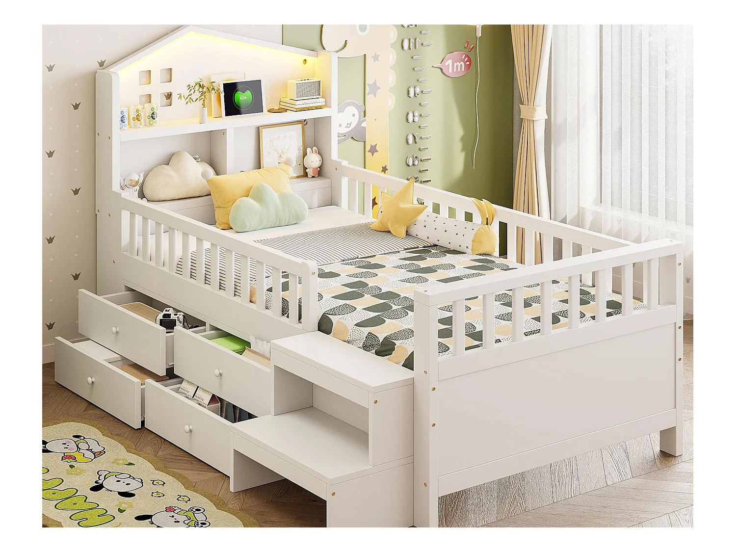 Lit enfant 90x200 cm - avec quatre tiroirs - avec marches - avec éclairage LED - avec port de charge USB + Type-C - blanc