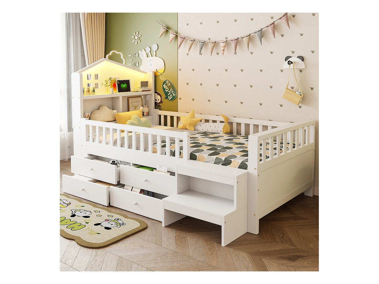 Lit enfant 90x200 cm - avec quatre tiroirs - avec marches - avec éclairage LED - avec port de charge USB + Type-C - blanc