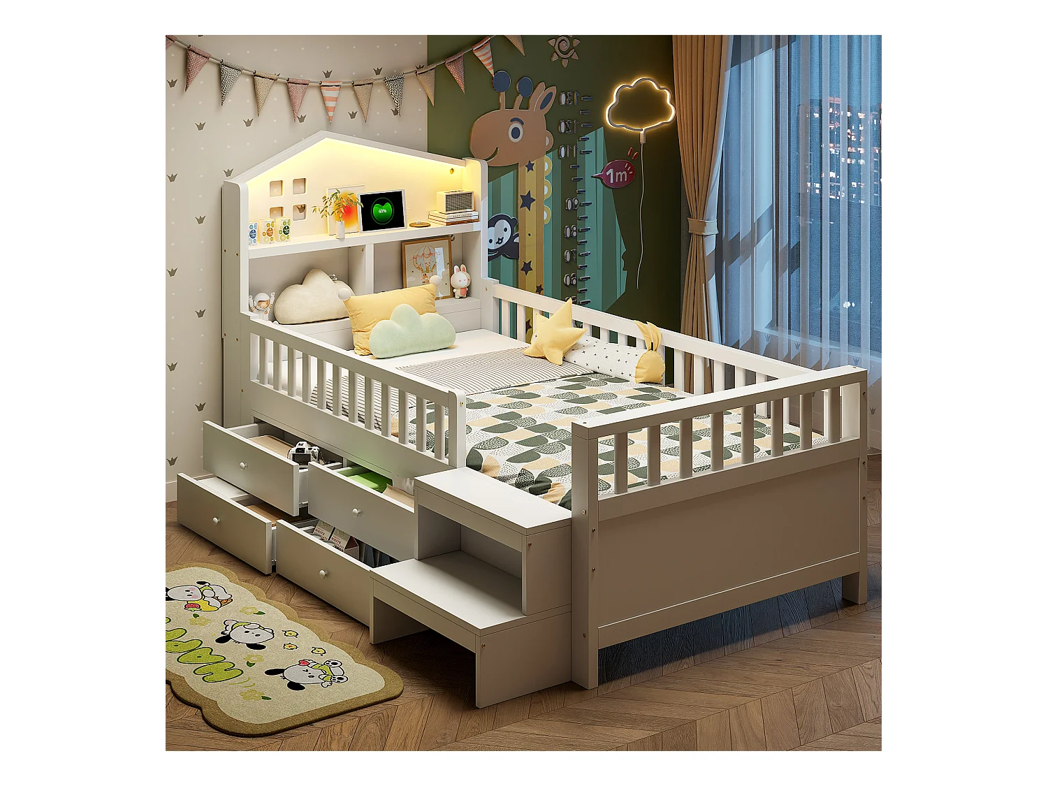Lit enfant 90x200 cm - avec quatre tiroirs - avec marches - avec éclairage LED - avec port de charge USB + Type-C - blanc
