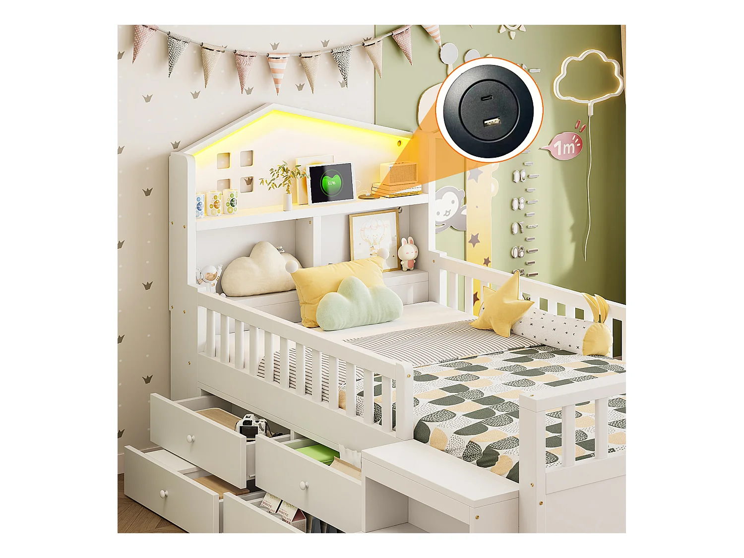 Lit enfant 90x200 cm - avec quatre tiroirs - avec marches - avec éclairage LED - avec port de charge USB + Type-C - blanc