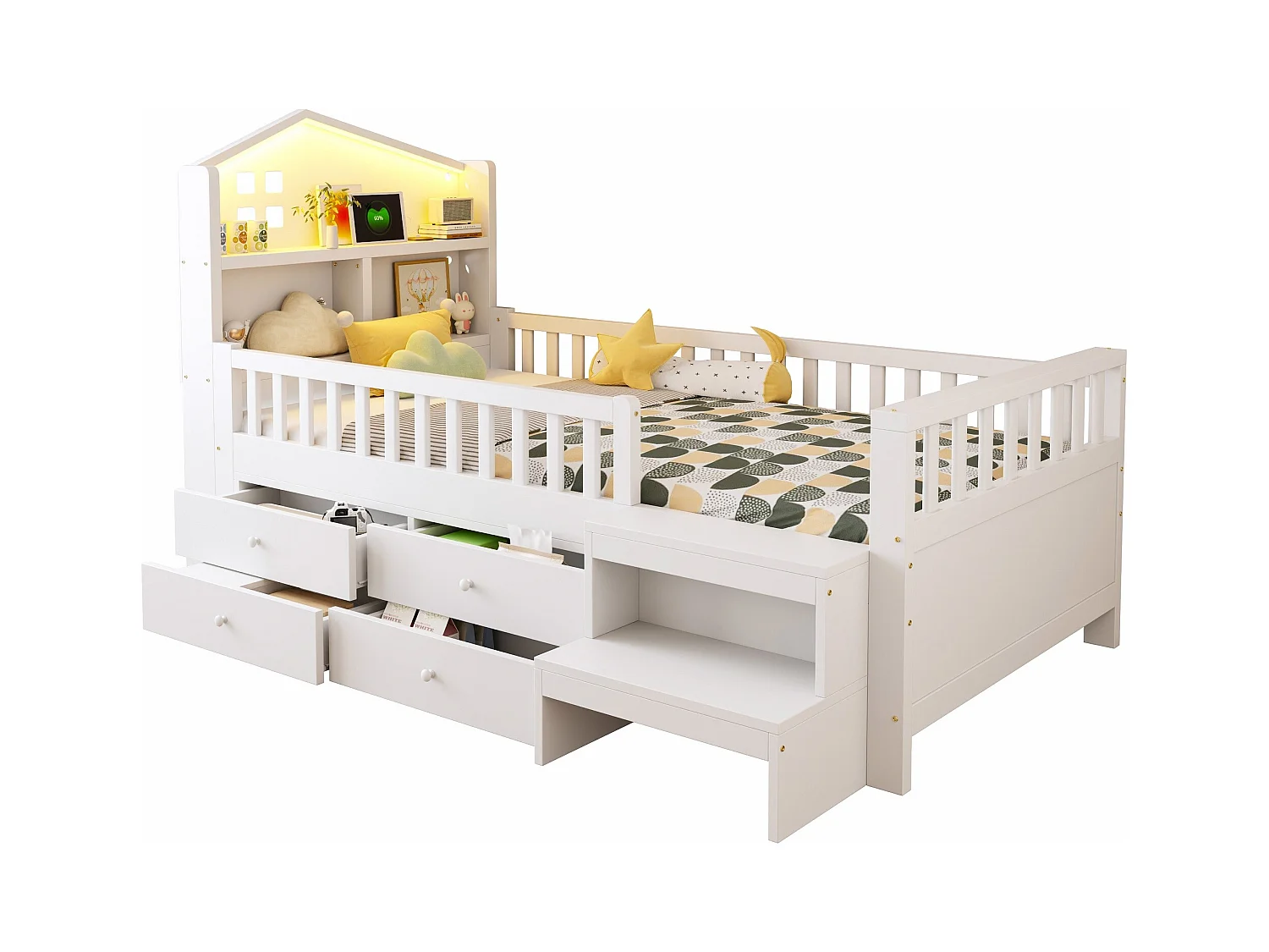 Lit enfant 90x200 cm - avec quatre tiroirs - avec marches - avec éclairage LED - avec port de charge USB + Type-C - blanc