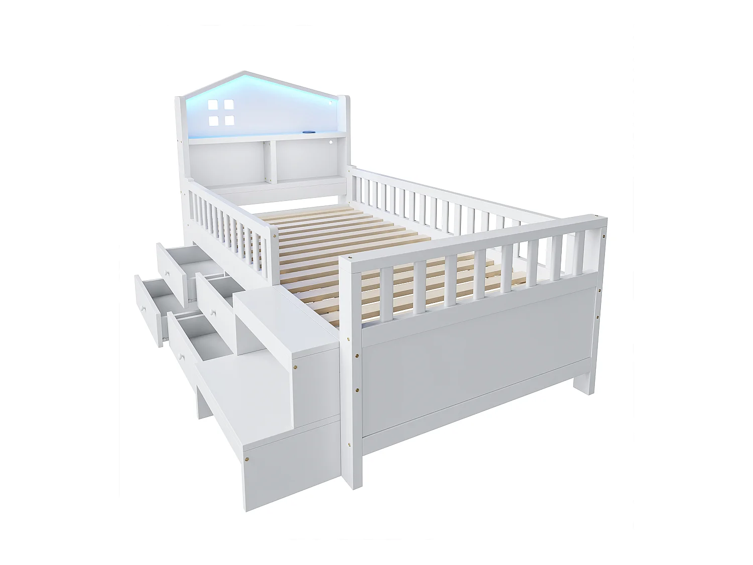 Lit enfant 90x200 cm - avec quatre tiroirs - avec marches - avec éclairage LED - avec port de charge USB + Type-C - blanc