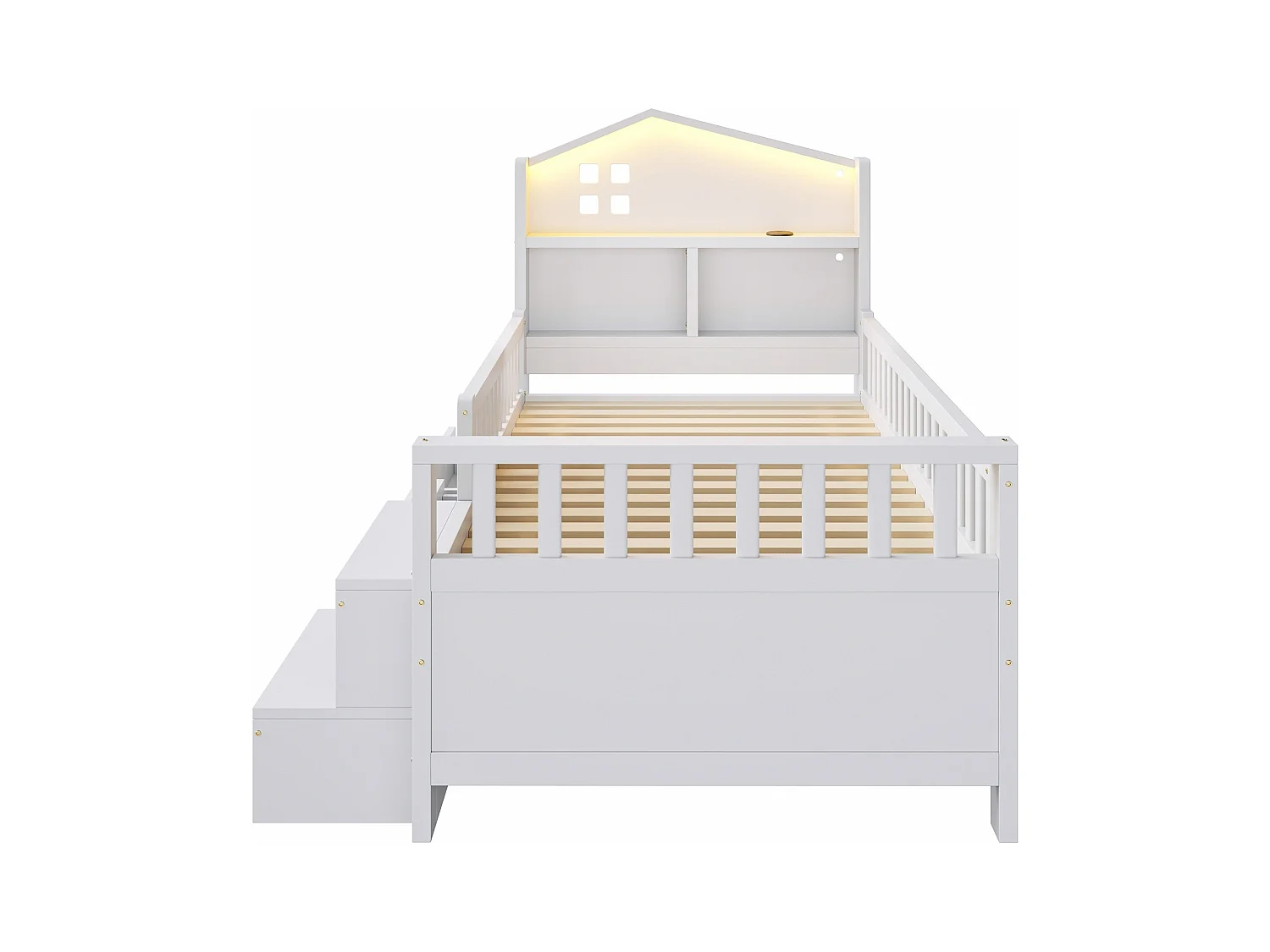 Lit enfant 90x200 cm - avec quatre tiroirs - avec marches - avec éclairage LED - avec port de charge USB + Type-C - blanc