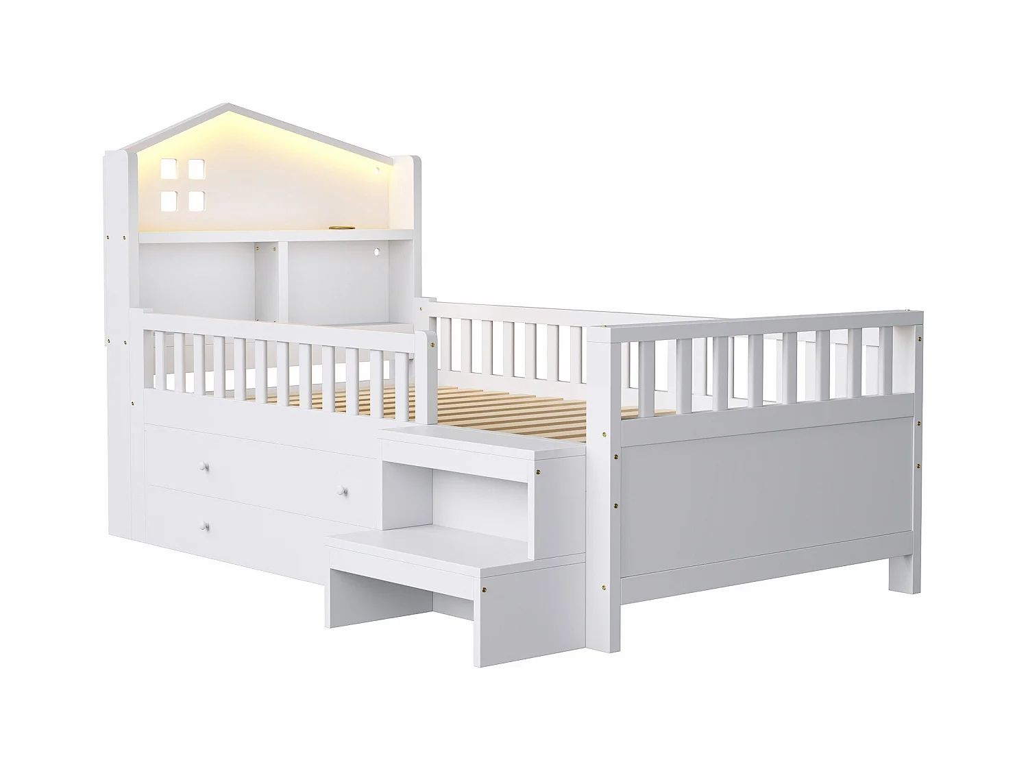 Lit enfant 90x200 cm - avec quatre tiroirs - avec marches - avec éclairage LED - avec port de charge USB + Type-C - blanc