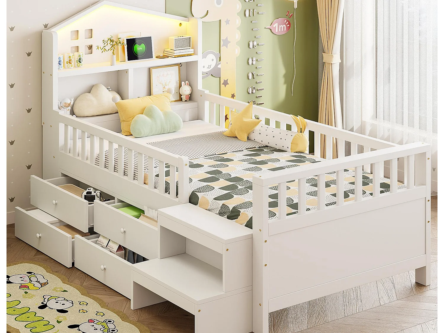 Kinderbed 90x200 cm - met vier laden - met trede - met LED-verlichting - met USB + Type-C oplaadpoort - wit