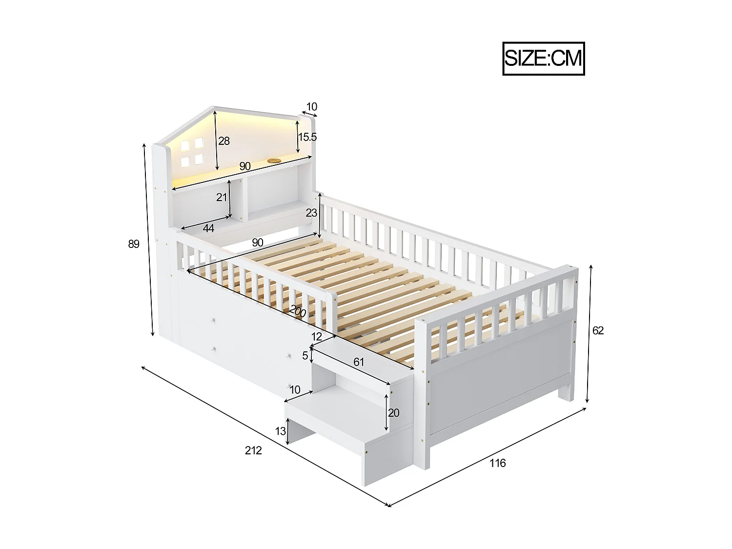 Kinderbed 90x200 cm - met vier laden - met trede - met LED-verlichting - met USB + Type-C oplaadpoort - wit