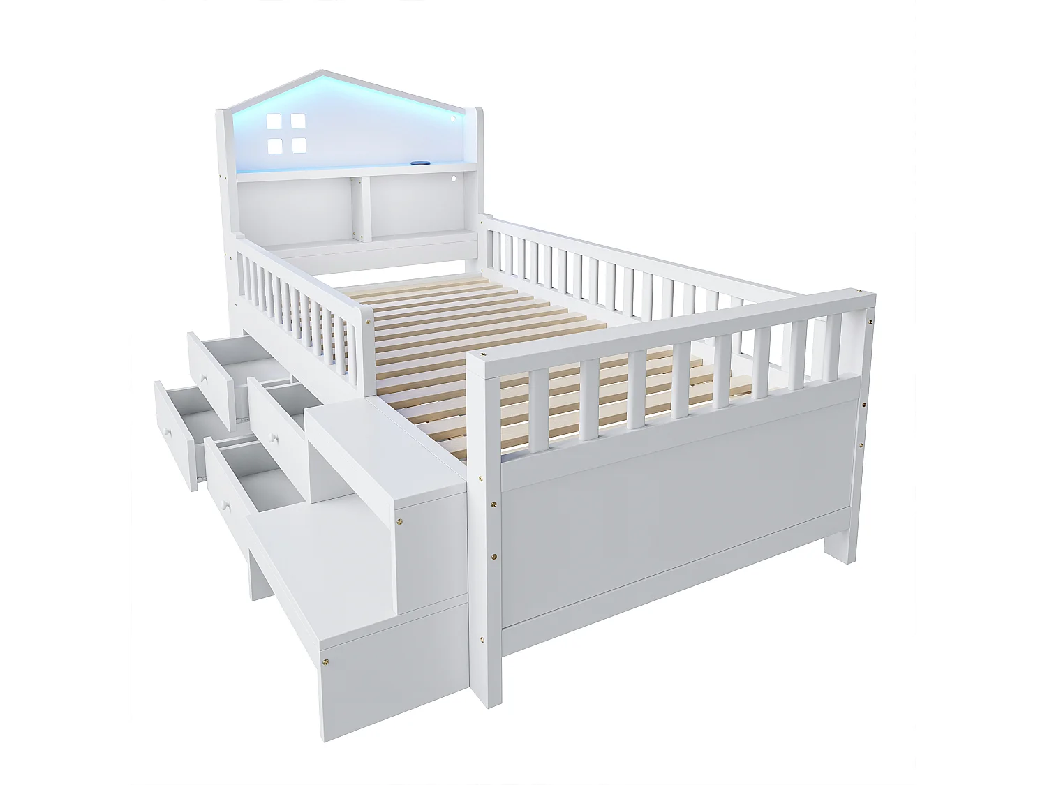 Kinderbed 90x200 cm - met vier laden - met trede - met LED-verlichting - met USB + Type-C oplaadpoort - wit