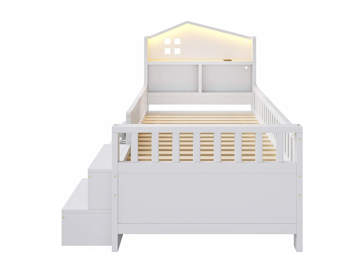 Kinderbed 90x200 cm - met vier laden - met trede - met LED-verlichting - met USB + Type-C oplaadpoort - wit