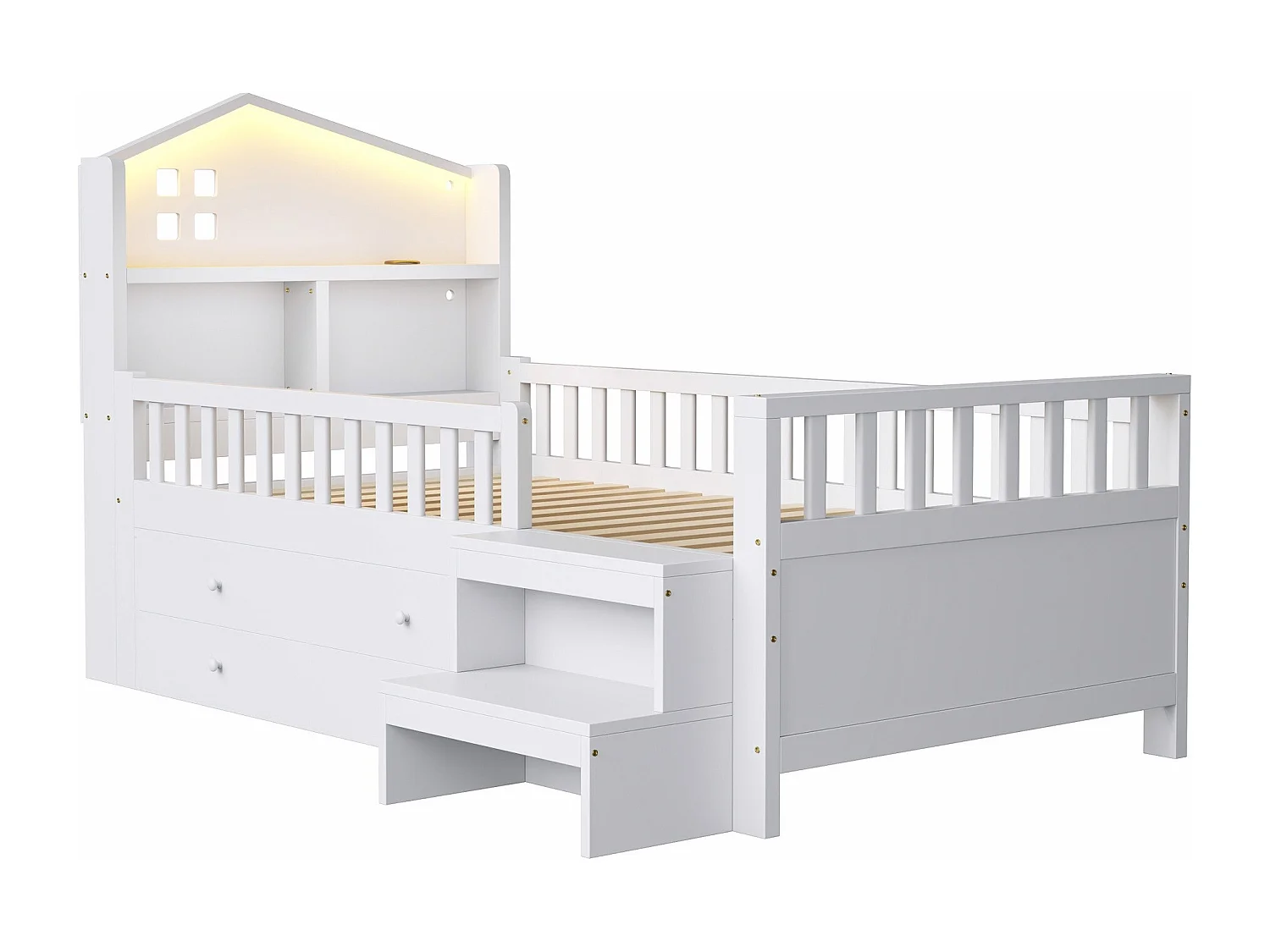 Kinderbed 90x200 cm - met vier laden - met trede - met LED-verlichting - met USB + Type-C oplaadpoort - wit